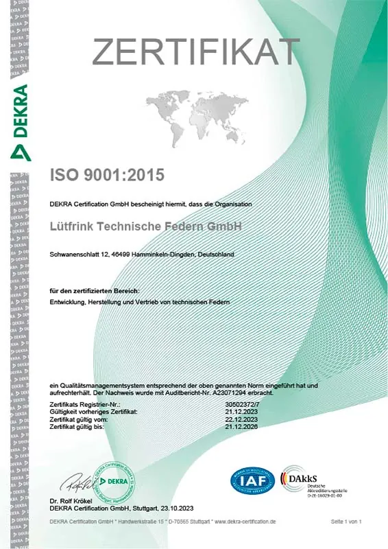 Lütfrink Technische Federn GmbH - Zertifikat ISO 9001_2015-DE